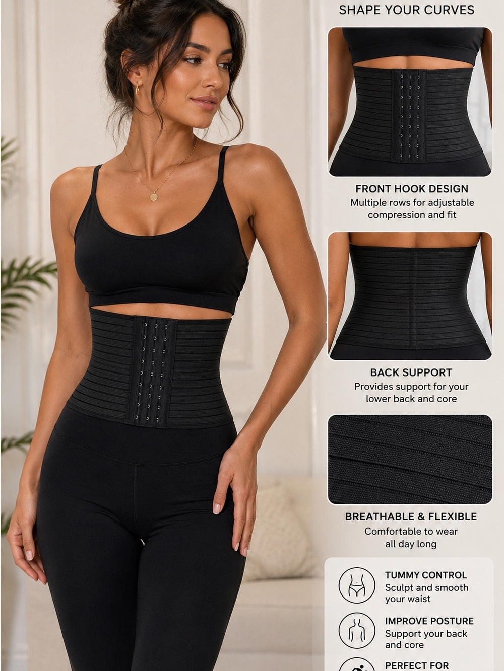 VerTiche Waist Trainer Corset Shapewear Belt Black Compression Cincher S-M Y2K